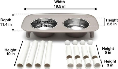 Elevated Double Feeder with Stainless Bowls | Adjustable Height 3”, 5”, or 10” | Adjustable Standing Feeder for Dogs | 5 Cups per Bowl | Dark Grey