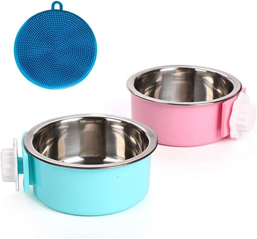 Crate Dog Cat Bowls, Removable Stainless Steel Hanging Pet Cage Bowls for Kennel, Water Food Feeder Cage Coop Cup for Cats, Dogs, Rabbits and Small Animals (Small, Blue)