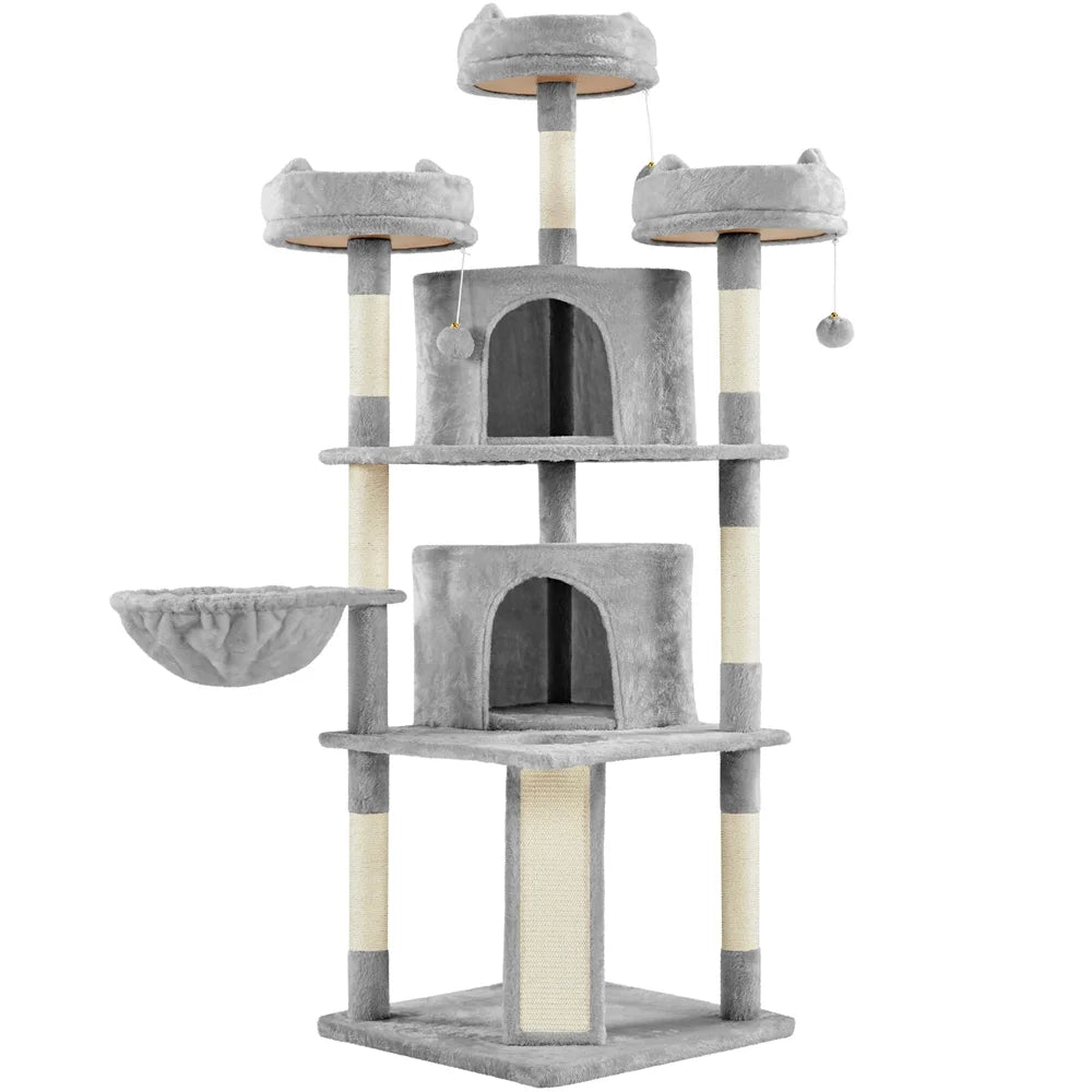 76"H Large Multilevel Cat Tree Tower with Condos and Perches, Light Gray