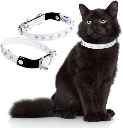 Studded Cat Collar, Genuine Leather Kitten Collar, Sturdy Breakaway Cat Collar with Bell and Elastic Stretch, Cat Accessories, Ivory White, 10 X 1/2 Inches -