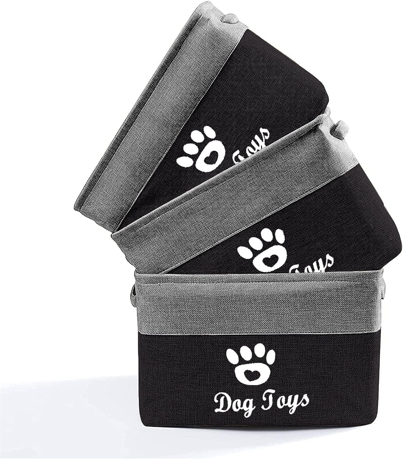 Collapsible Dog Pet Toy Box Accessory Storage Bin with Handles, Organizer Storage Basket for Pet Toys, Blankets, Leashes, and Embroidered Dog Toys Black