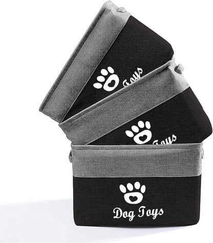 Collapsible Dog Pet Toy Box Accessory Storage Bin with Handles, Organizer Storage Basket for Pet Toys, Blankets, Leashes, and Embroidered Dog Toys Black