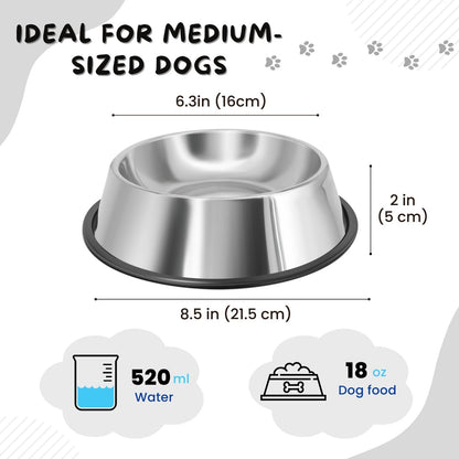Stainless Steel Dog Bowl No Mess Non Spill Dog Water Bowl Rubber Base Dog Bowls for Medium Sized Dog, Food and Water Dish, Pet Food Holder, 22 Cm