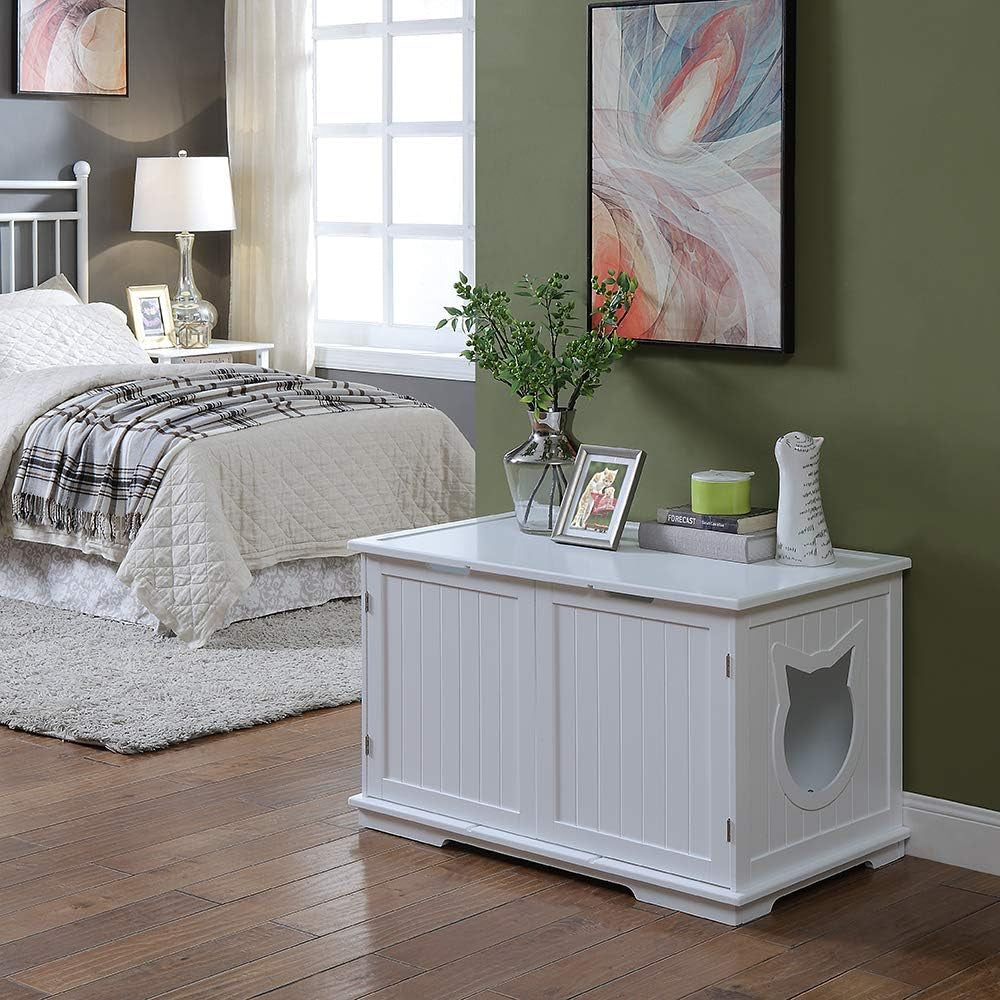 X-Large Designer Cat Washroom Storage Bench Cat Litter Box Enclosure Furniture Box House with Table (White)