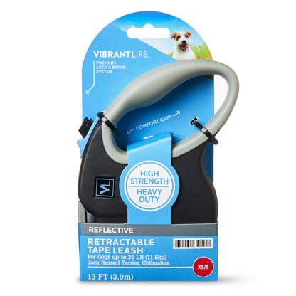 13' Heavy Duty Nylon Reflective Retractable Dog Leash, Black, XS/S - for Dogs up to 26LB