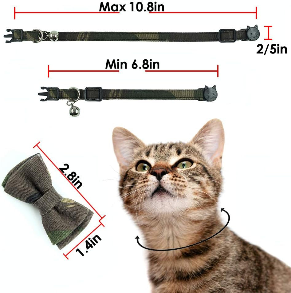 Cat Collar Bowtie with Bell, Quick Release Buckle Safety and Durable Kitties Kittens Cats Breakaway Collar(6.8-10.8In) (Camouflage 2)