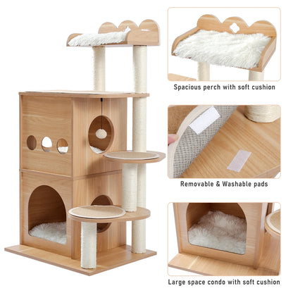 51" Cat Tower for Large Cats Modern Wooden Cat Tree Multi-Level Cat Tree Tower Cat Sky Castle with Cozy Cat Condos, Beige