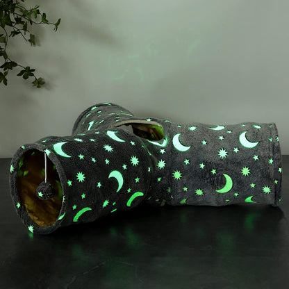 Cat Tunnel Tube with Plush Ball Toys Collapsible Self-Luminous Photoluminescence, for Small Animals Pets Bunny Rabbits, Kittens, Ferrets,Puppy and Dogs Grey Moon Star