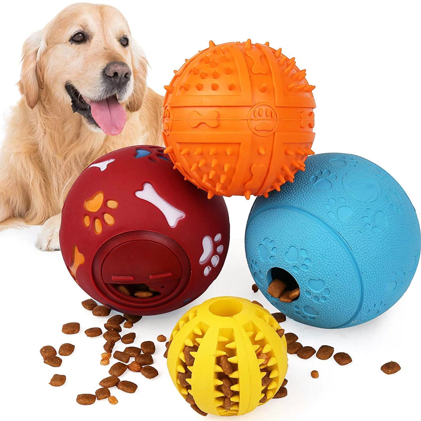 4 Pack Large Dog Treat Ball, Interactive Food Dispensing Puppy Puzzle Toy, Natural Rubber