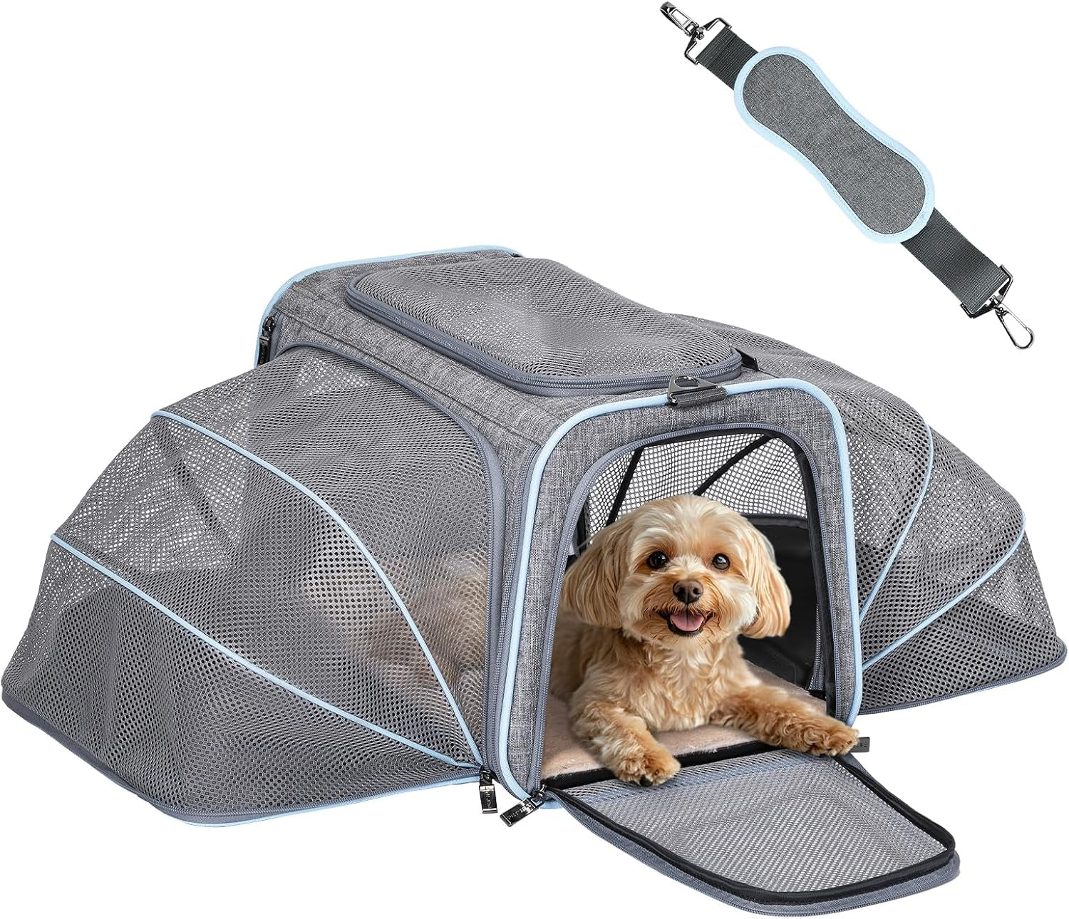 Expandable Small Cat Carriers Dog Carrier, Airline Approved Soft-Sided Portable Washable Pet Travel Carrier with Two Extension up to 9LB