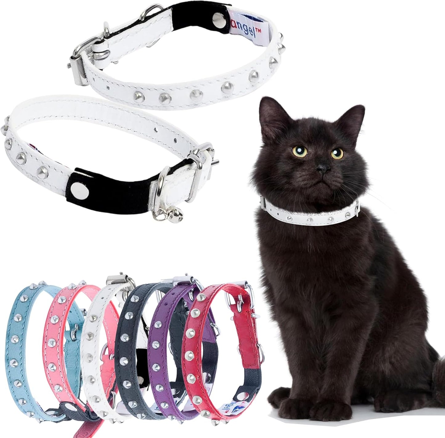 Studded Cat Collar, Genuine Leather Kitten Collar, Sturdy Breakaway Cat Collar with Bell and Elastic Stretch, Cat Accessories, Ivory White, 10 X 1/2 Inches -