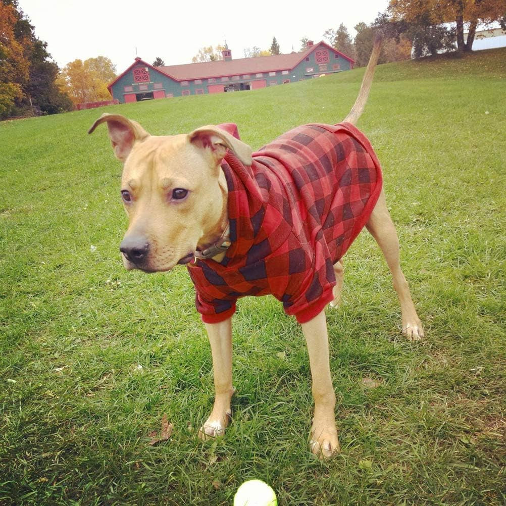 Plaid Dog Hoodie Pet Clothes Sweater with Hat and Pocket for Small Medium Large Size Dogs, Soft Winter Warm Dog Cold Weather Coat, Fleece Fall Dog Hooded Sweatshirt for Puppy Cats, Red XL