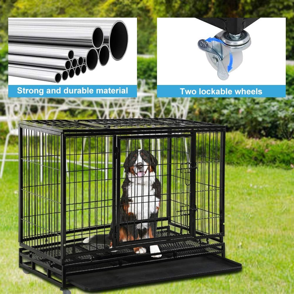 Dog Cage Crate Heavy Duty Sturdy Metal 48/42/36" Large Pet Dog Kennel Fence for Training, Indoor and Outdoor Dog Fence with Lockable Wheels and Plastic Tray and Double Door and Lock Design,Black
