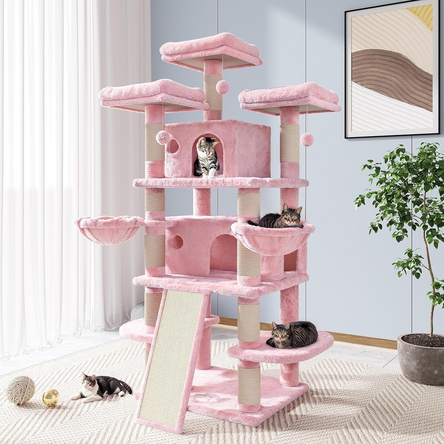 68 Inches Cat Tree/House and Towers for Big Feline/Scratching Post/Multi-Level Large Kitty Climbing Tree with Condo/Smokey Grey