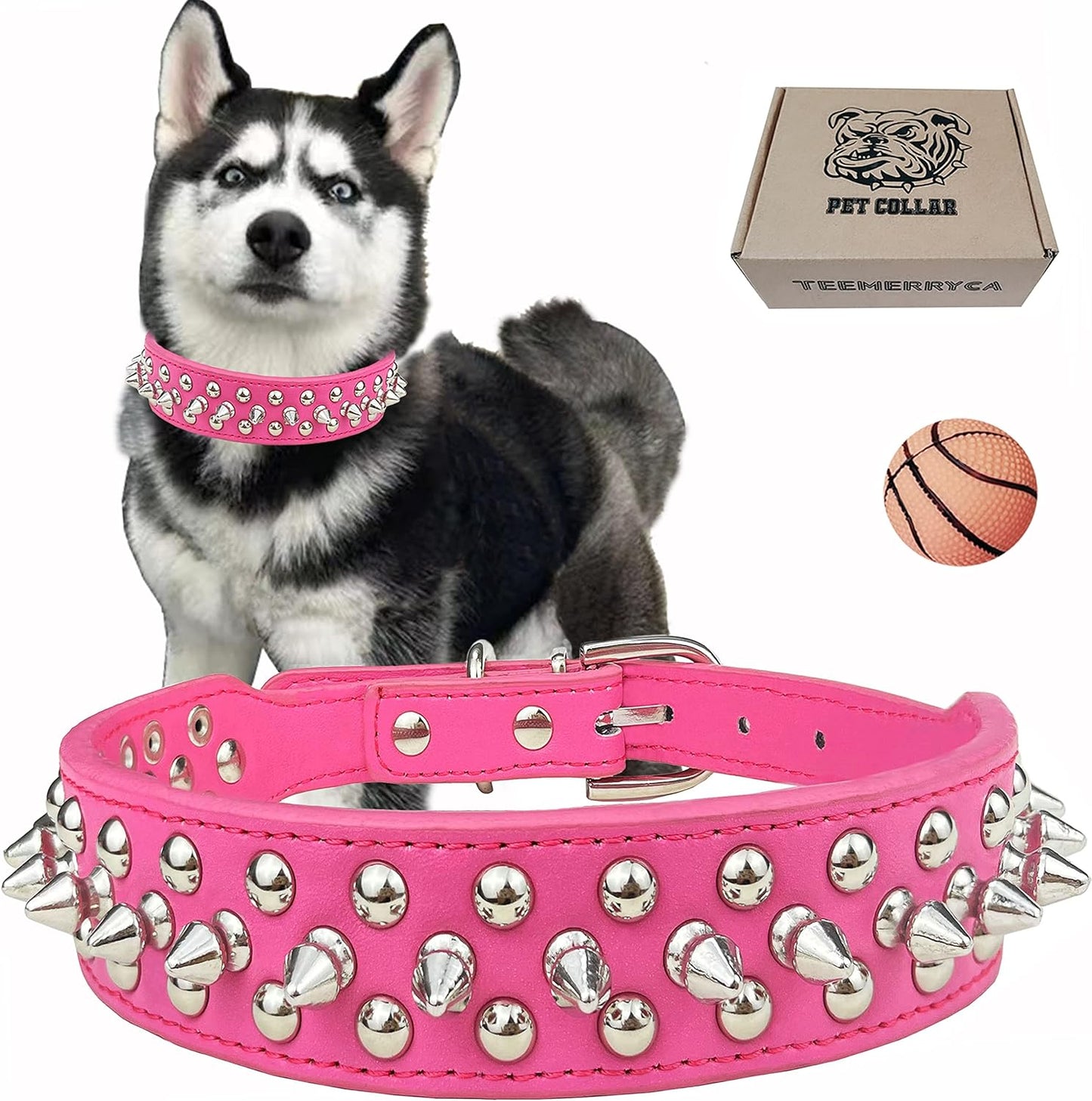 Adjustable Leather Spiked Studded Dog Collars with a Squeak Ball Gift for Small Medium Large Pets like Cats/Pit Bull/Bulldog/Pugs/Husky, Pink, L(15"-18.5")
