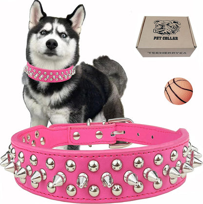 Adjustable Leather Spiked Studded Dog Collars with a Squeak Ball Gift for Small Medium Large Pets like Cats/Pit Bull/Bulldog/Pugs/Husky, Pink, L(15"-18.5")