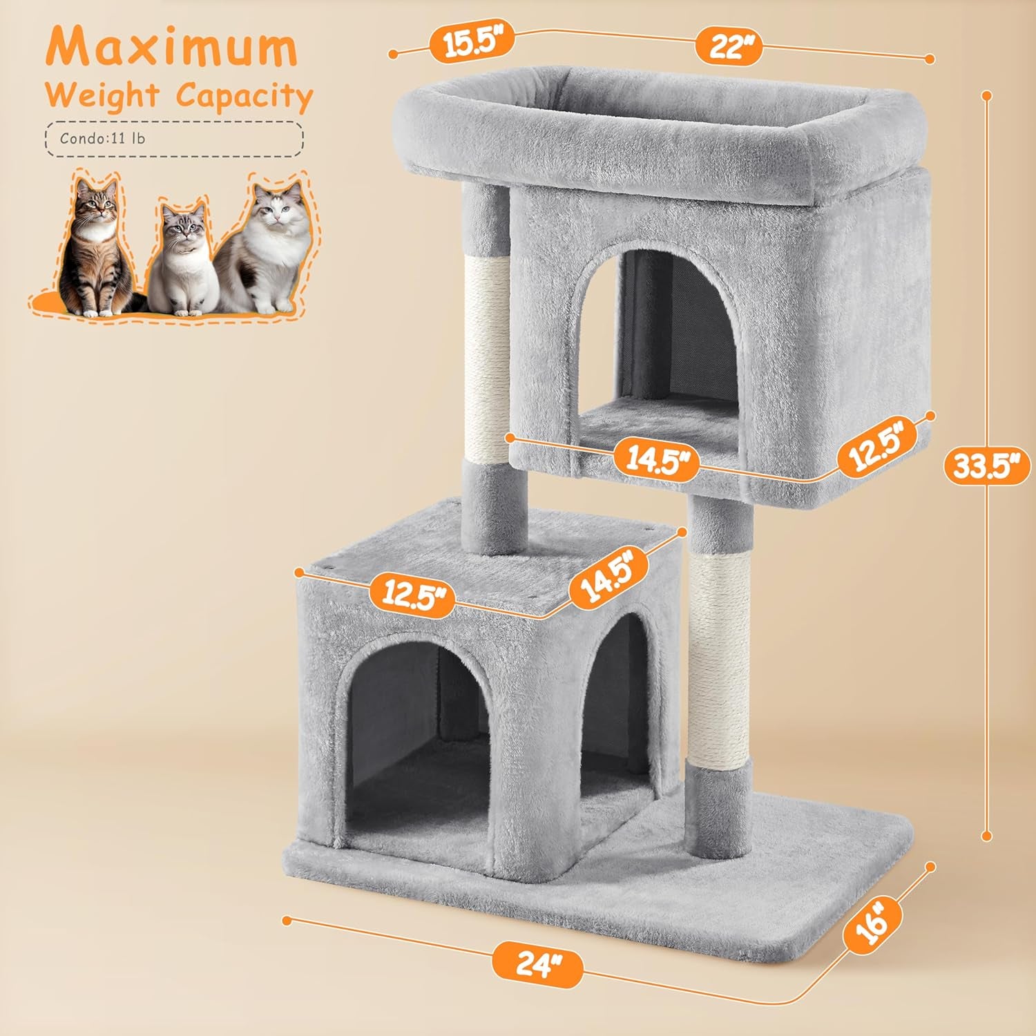 33.5In Cat Tree Tower for Indoor Cats W/2 Cozy Plush Condos, Oversized Perch & Sisal Scratching Posts, Stable Cat Stand House for Large Cats & Pets, Light Gray