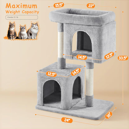33.5In Cat Tree Tower for Indoor Cats W/2 Cozy Plush Condos, Oversized Perch & Sisal Scratching Posts, Stable Cat Stand House for Large Cats & Pets, Light Gray