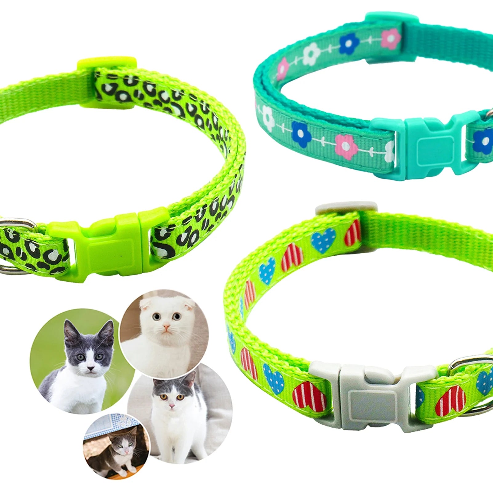 3 Pcs Nylon Cat Collar with Bell Adjustable Kitten Puppy Collars for Newborn Pet,Green