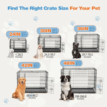 Small Dog Crate with Divider Panel, 24" Double Door Folding Metal Wire Dog Cage with Plastic Leak-Proof Pan Tray