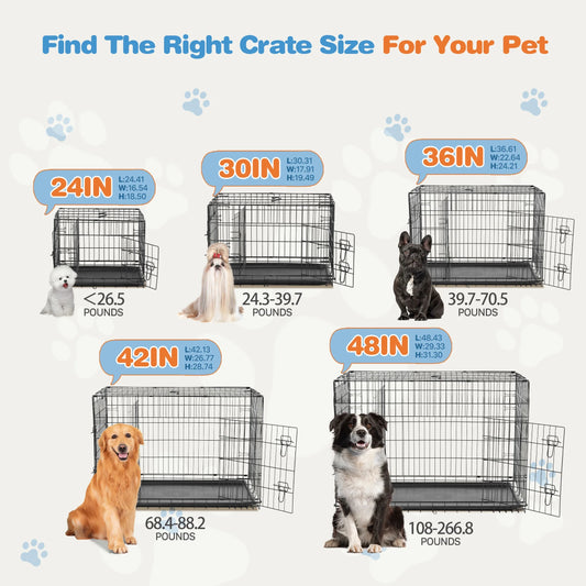 Small Dog Crate with Divider Panel, 24" Double Door Folding Metal Wire Dog Cage with Plastic Leak-Proof Pan Tray