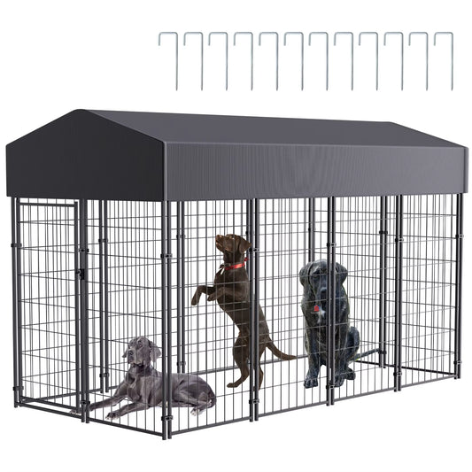 Large Dog Kennel Outdoor Dogs Welded Wire Kennels and Runs Crates for Yard with Stakes Water Proof Cover Canopy