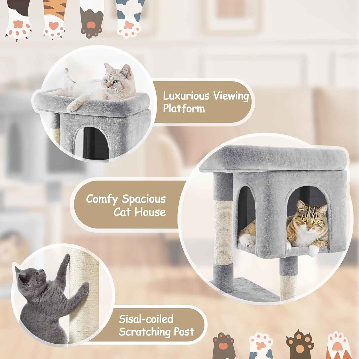 33.5In Cat Tree Tower for Indoor Cats W/2 Cozy Plush Condos, Oversized Perch & Sisal Scratching Posts, Stable Cat Stand House for Large Cats & Pets, Light Gray