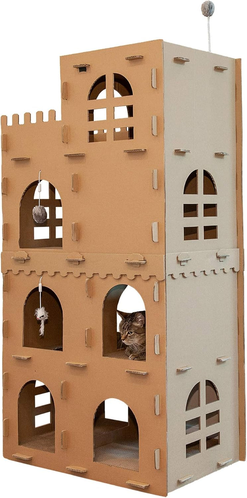 Multi-Level Cardboard Cat House W/ Catnip for Indoor Cats, Ft. Scratching Pads & Toys - Townhouse Corrugated Cat Scratcher Hideout - Cardboard Brown, One Size