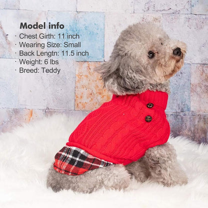 Dog Christmas Sweater Stretchy Pet Coat for Small Dogs Male Turtleneck Small Dog Sweater Red Puppy Clothes Knitwear Puppy Coats with Gingham Patchwork Pet Clothes for Fall Winter