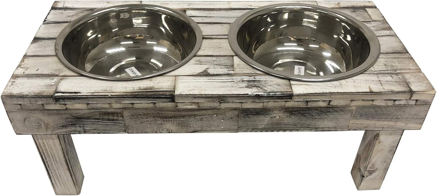Pet Berjen Table Elevated Double Bowl Feeder, White Wash (Large)