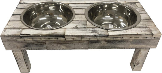 Pet Berjen Table Elevated Double Bowl Feeder, White Wash (Large)