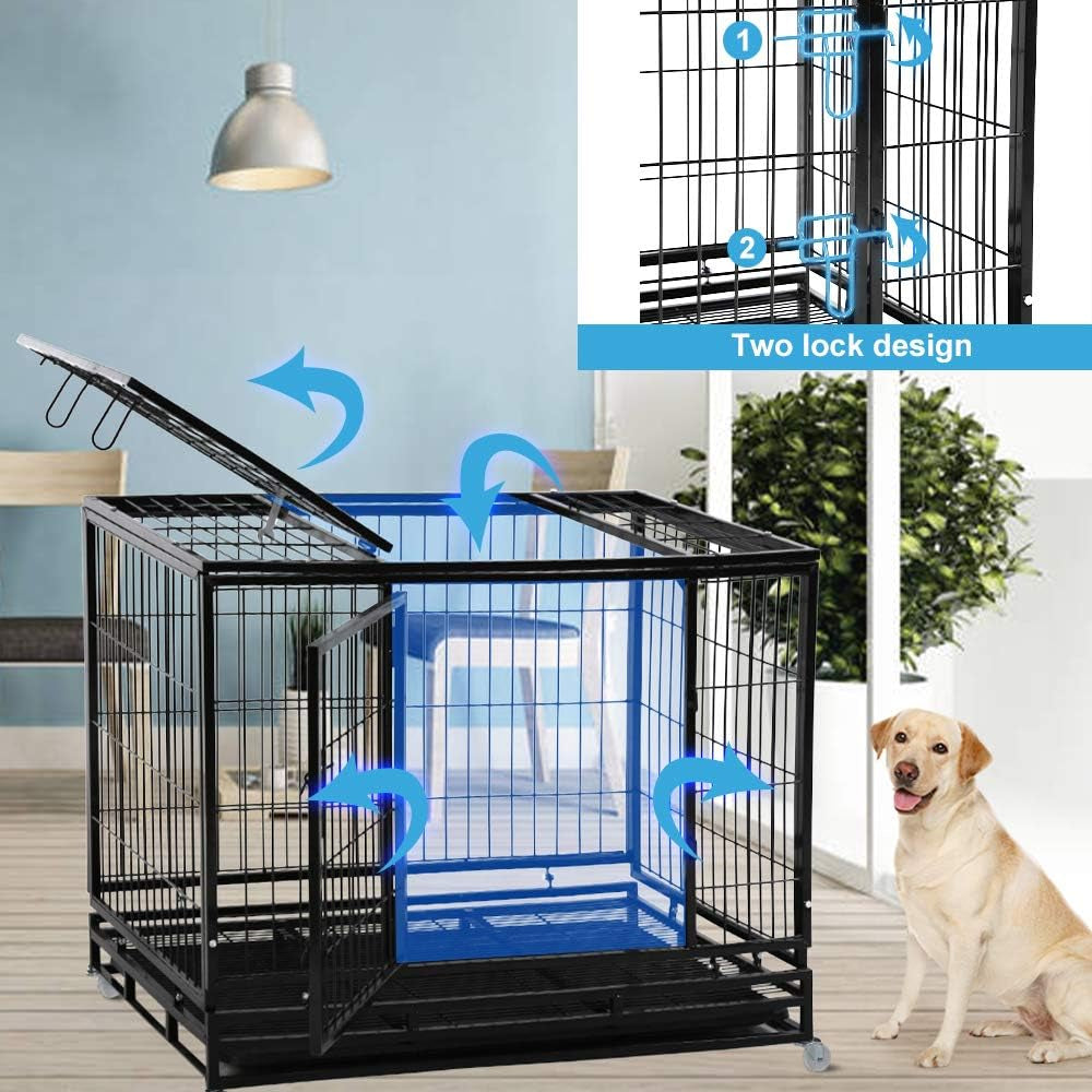 Dog Cage Crate Heavy Duty Sturdy Metal 48/42/36" Large Pet Dog Kennel Fence for Training, Indoor and Outdoor Dog Fence with Lockable Wheels and Plastic Tray and Double Door and Lock Design,Black