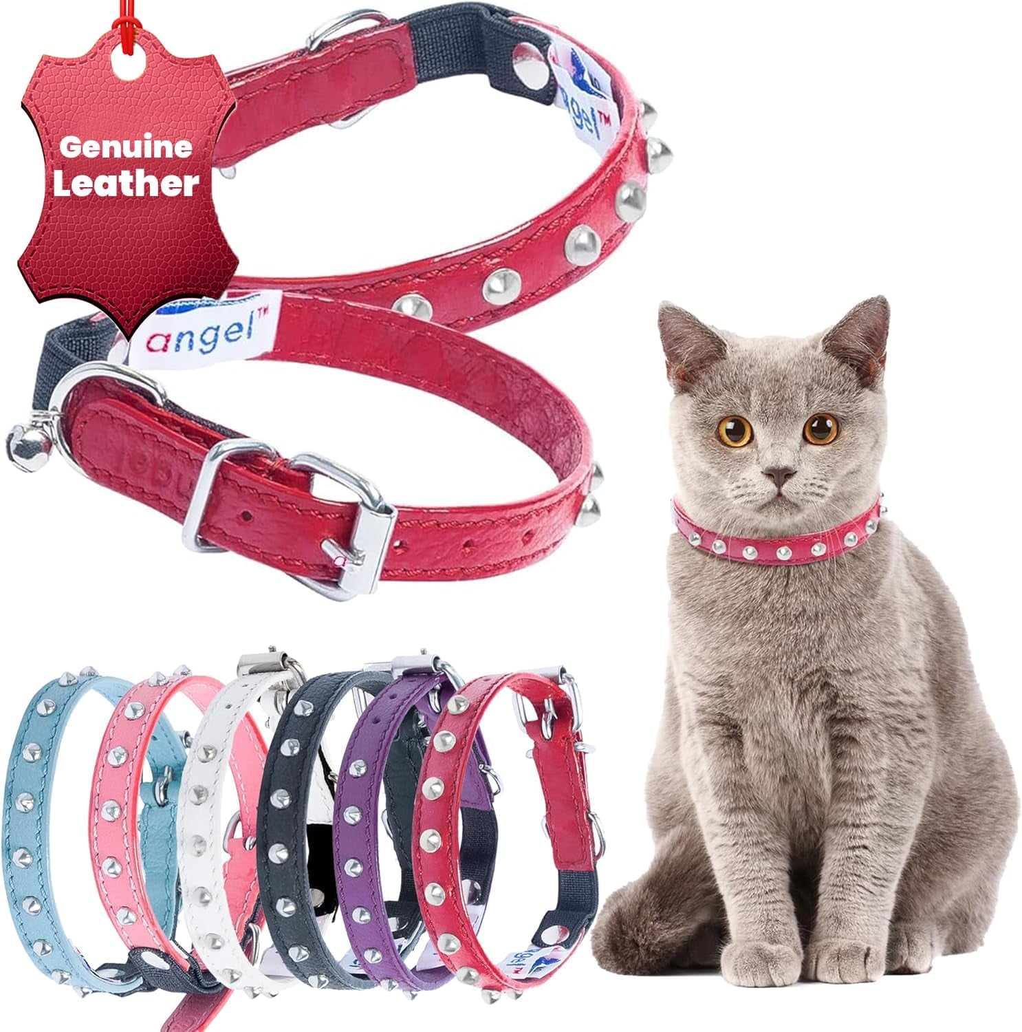 Studded Cat Collar, Genuine Leather Kitten Collar, Sturdy Breakaway Cat Collar with Bell and Elastic Stretch, Cat Accessories, Ivory White, 10 X 1/2 Inches -