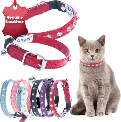 Studded Cat Collar, Genuine Leather Kitten Collar, Sturdy Breakaway Cat Collar with Bell and Elastic Stretch, Cat Accessories, Ivory White, 10 X 1/2 Inches -