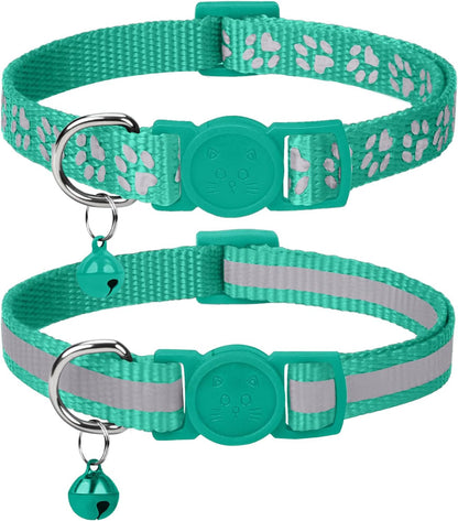 Reflective Cat Collar Breakaway with Bells, 2 Pack Girl Boy Pet Cat Collar Adjustable 7.5-12.5 Inch, Green