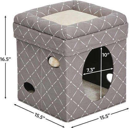 Cat Cube - Cat House/Cat Condo in Fashionable Mushroom Diamond Print, 15.5L X 15.5W X 16.5H Inches