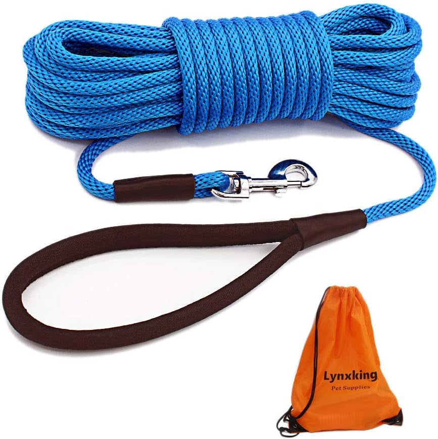 Check Cord Dog Leash Long Lead Training Tracking Line Comfortable Handle Heavy Duty Puppy Rope 10Ft 15Ft 30Ft 50Ft for Small Medium Large Dog Blue