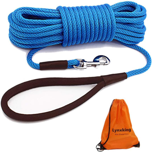 Check Cord Dog Leash Long Lead Training Tracking Line Comfortable Handle Heavy Duty Puppy Rope 10Ft 15Ft 30Ft 50Ft for Small Medium Large Dog Blue