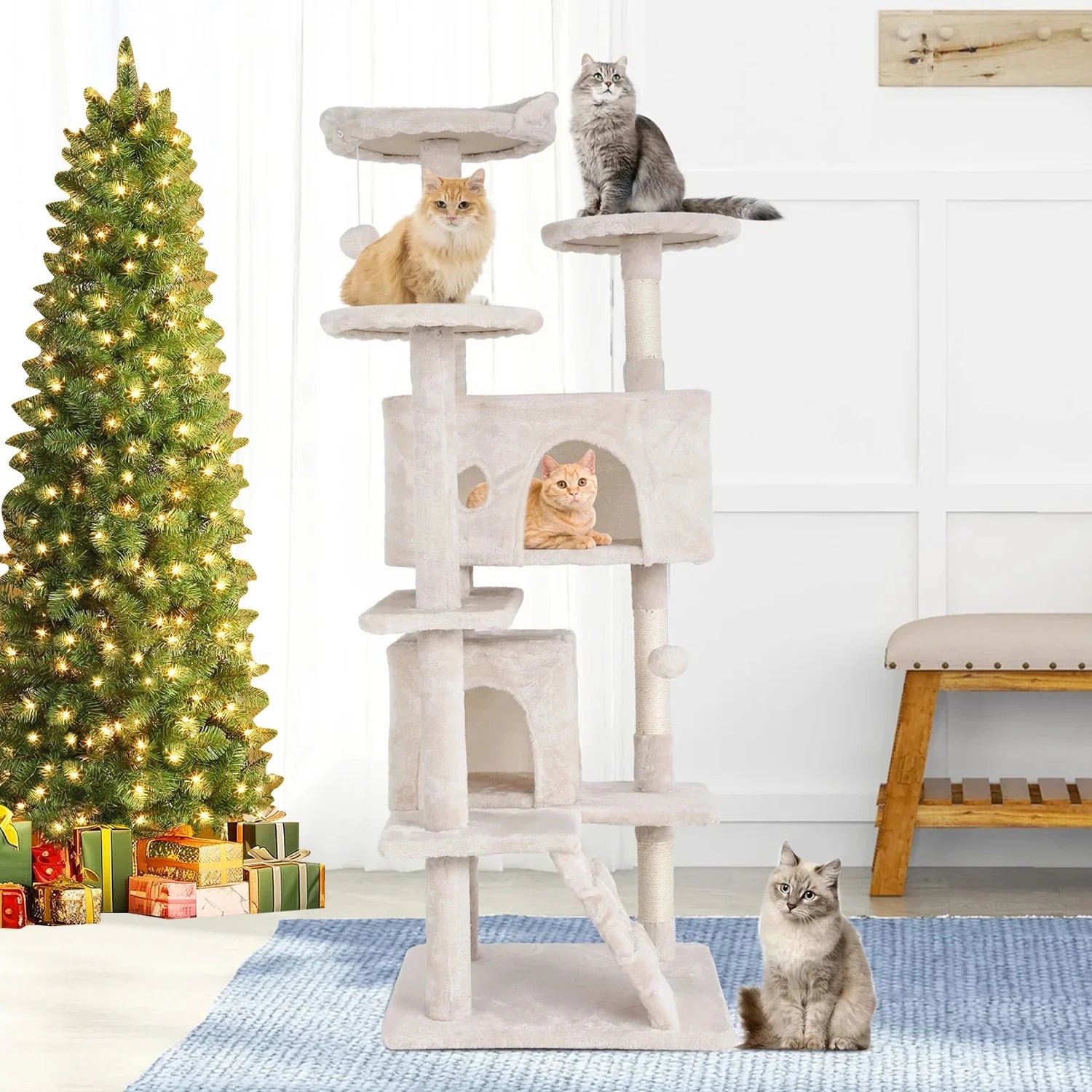 54-In Double Condo Cat Tree Tower Playhouse with Scratching Post & Perch for Indoor, Navy Blue
