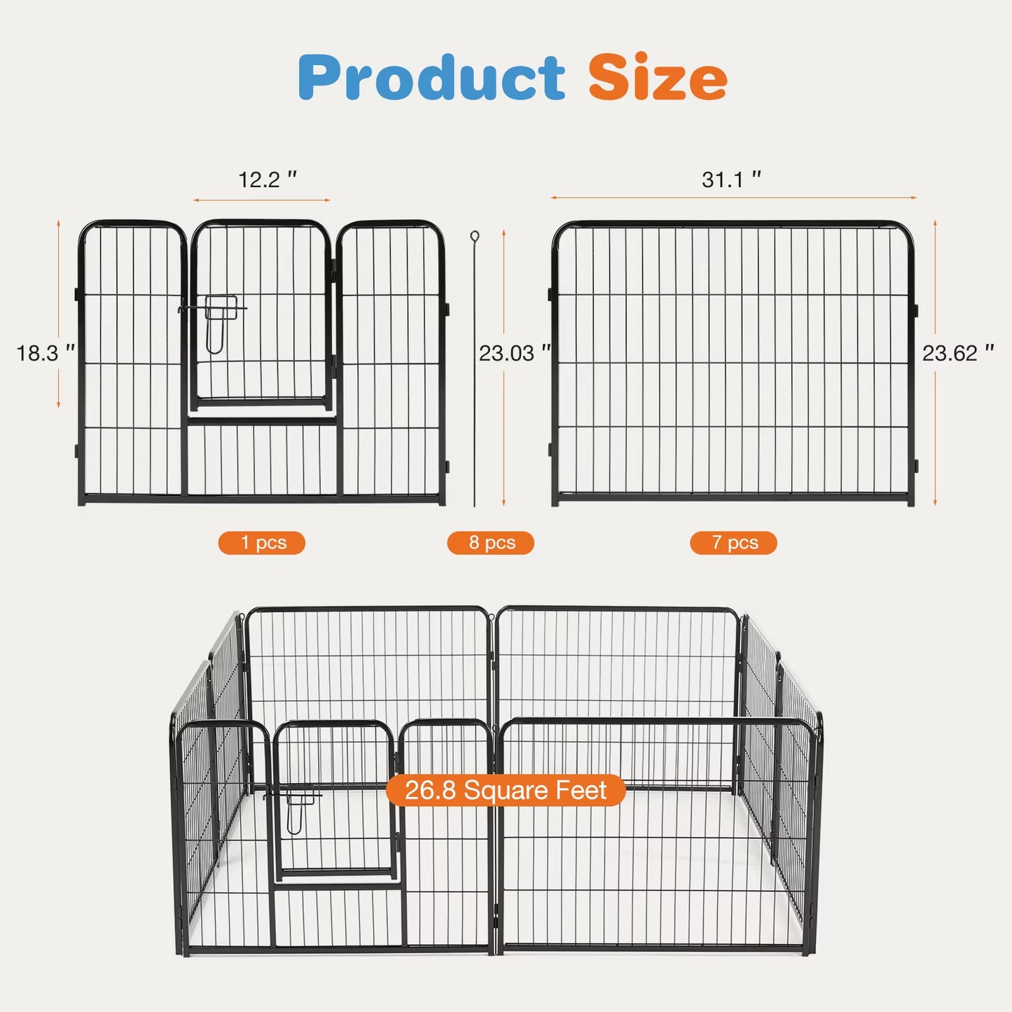 8 Panel Dog Playpen Indoor Pet Fence Exercise for Yard Gate Heavy Duty Crates with Doors Metal Dog Pen for Camping Outdoor