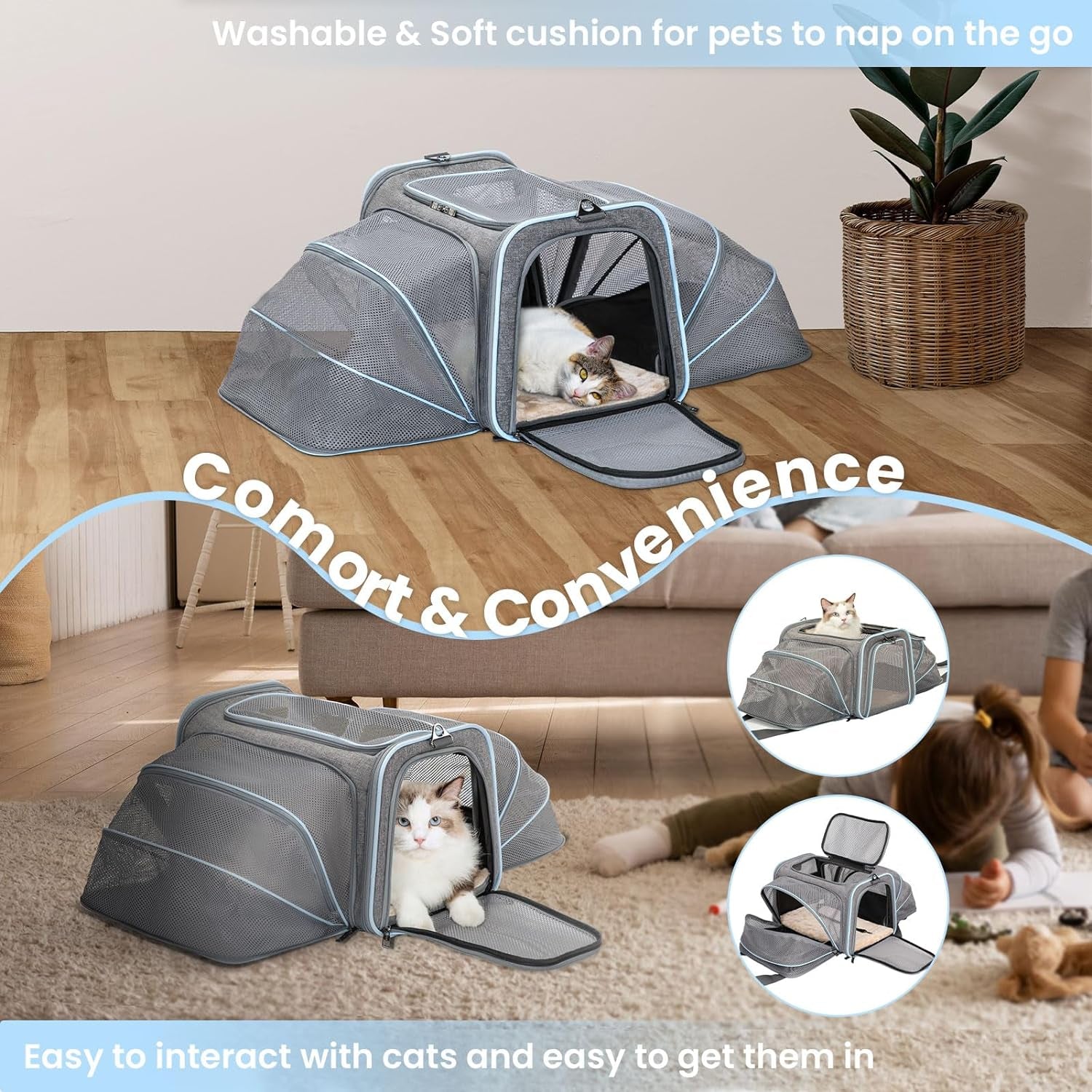 Expandable Small Cat Carriers Dog Carrier, Airline Approved Soft-Sided Portable Washable Pet Travel Carrier with Two Extension up to 9LB