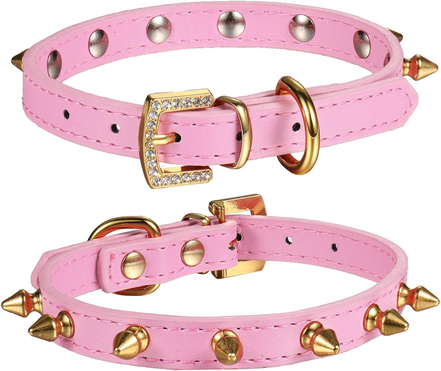 One Row Golden Spiked Studded Leather Dog Collar/Cat Collar with Golden Rhinestone Buckle for Small Dog/Cat Puppy Kitty (Purple, XS)