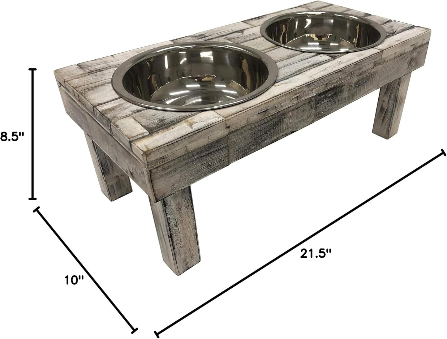 Pet Berjen Table Elevated Double Bowl Feeder, White Wash (Large)