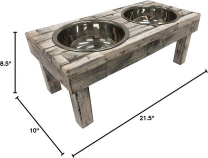 Pet Berjen Table Elevated Double Bowl Feeder, White Wash (Large)