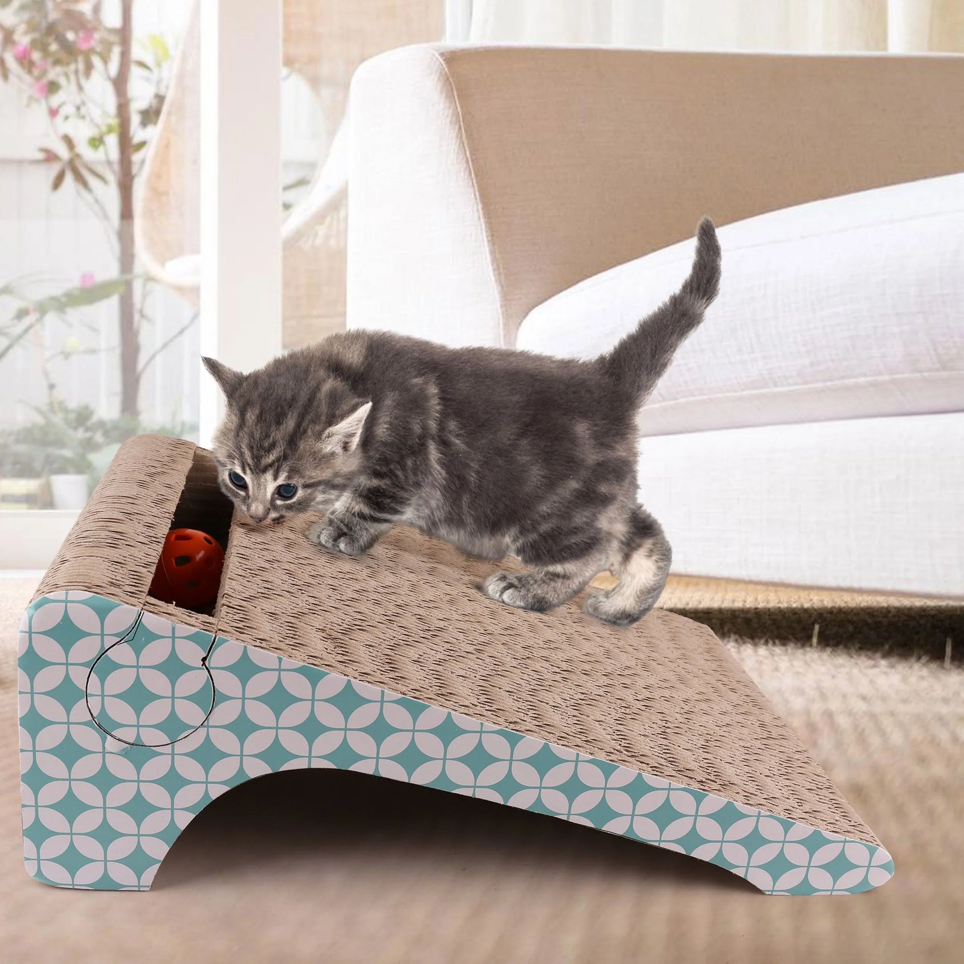 2-In-1 Cat Scratcher Cardboard, Corrugate Cat Scratch Pad with Ball Toy, Catnip, Removable