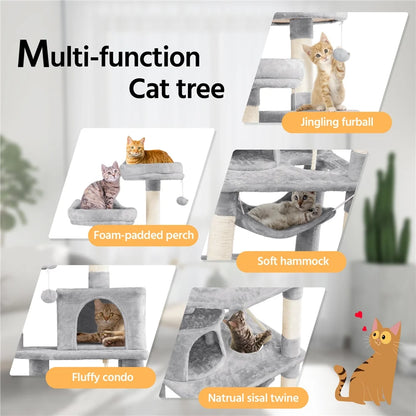 62.2''H Multi Level Cat Tree Tower with Condos Foam-Padded Perches, Light Gray