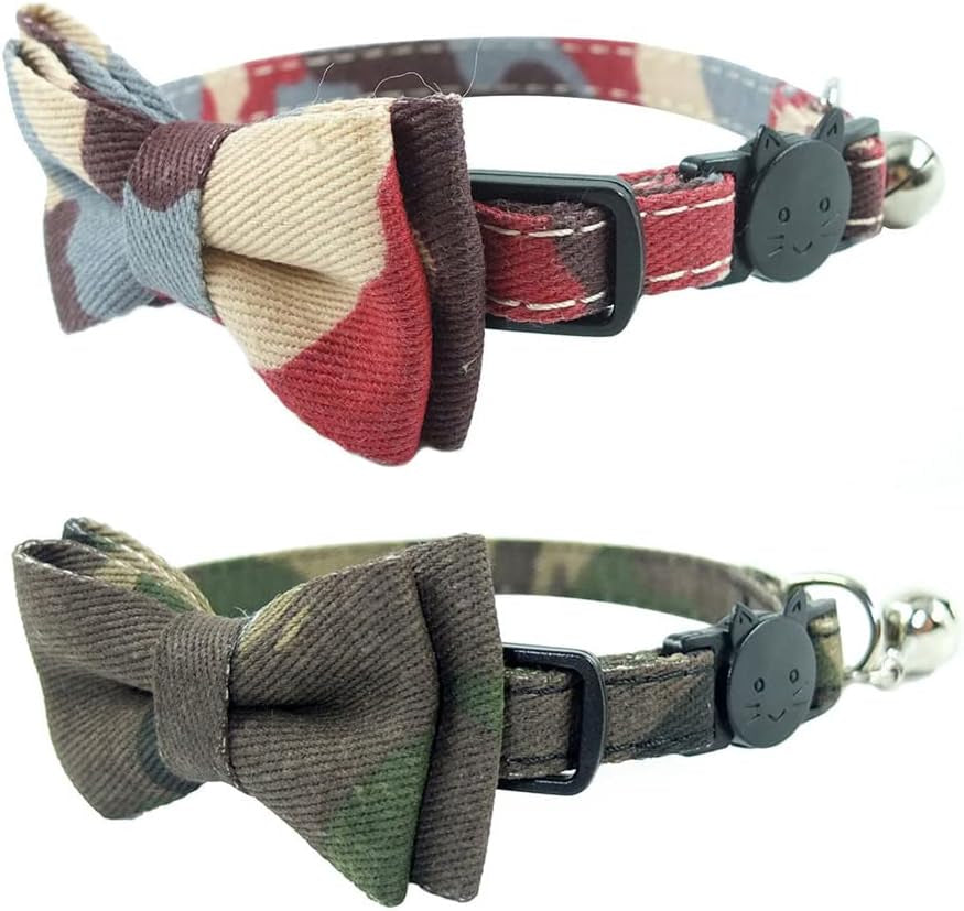 Cat Collar Bowtie with Bell, Quick Release Buckle Safety and Durable Kitties Kittens Cats Breakaway Collar(6.8-10.8In) (Camouflage 2)