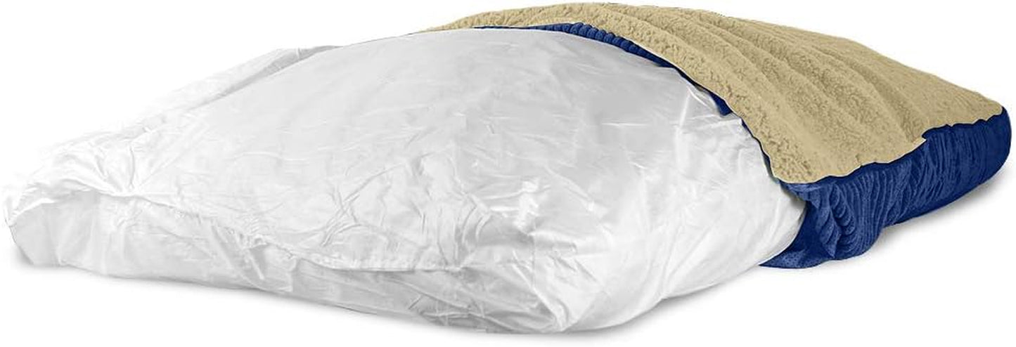 XL Dog Bed Replacement Cover. Removable and Machine Washable Cover for Mattress and Rectangular Pillow Beds. 48L X 30W. Blue with Beige Top.
