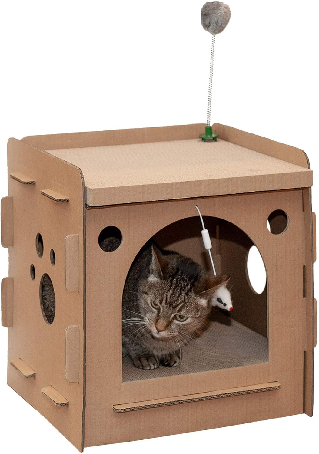 Multi-Level Cardboard Cat House W/ Catnip for Indoor Cats, Ft. Scratching Pads & Toys - Townhouse Corrugated Cat Scratcher Hideout - Cardboard Brown, One Size
