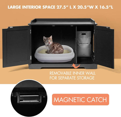 Litter Box Enclosure - Decorative Cat Box Cabinet with Double Doors, Large Cat Kitty Washroom Storage Bench